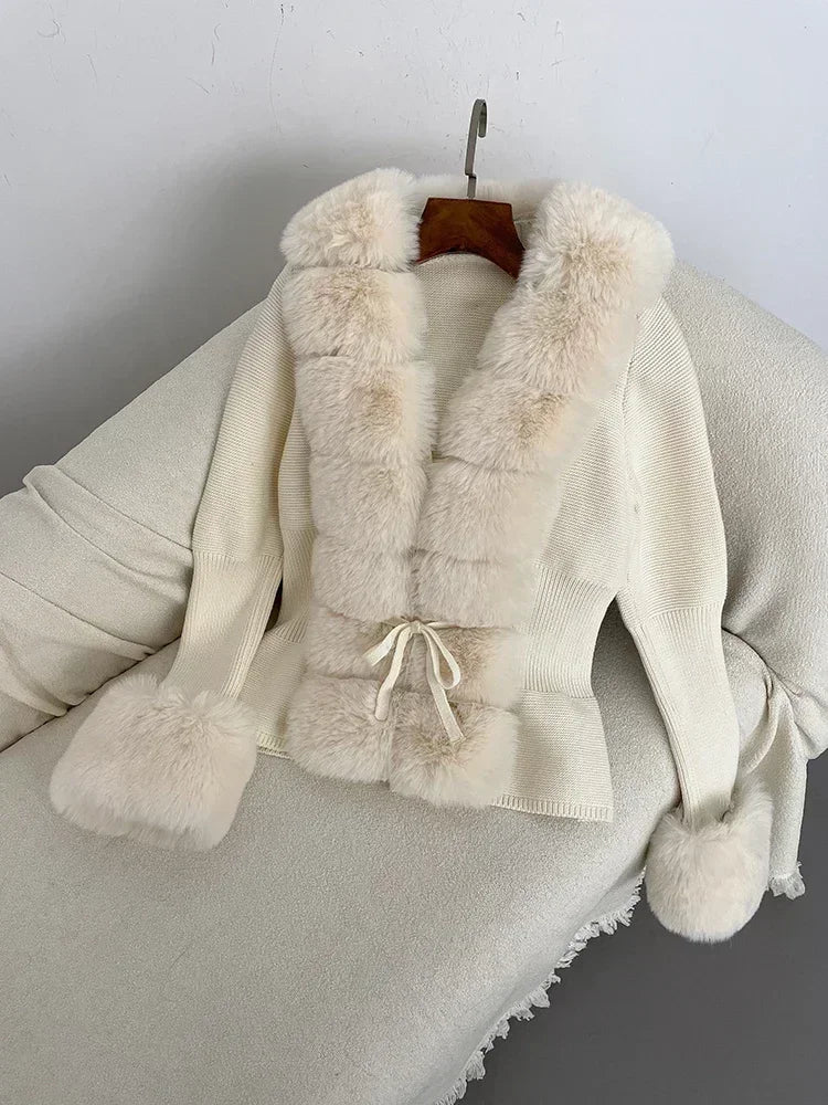 Autumn/Winter 2024 Women's Fur Coat Luxury Patchwork Knitted Sweater Bandage Fur Cardigan Detachable Collar Jacket Faux Fur Coat