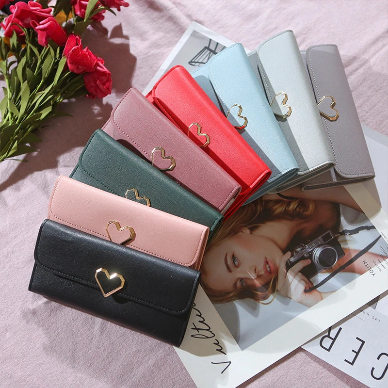 2024 Women Tri-Fold Wallet Metal Heart Pattern Girls Money Pocket Card Holder Luxury Designer Phone Clutch Fashion Card Holder