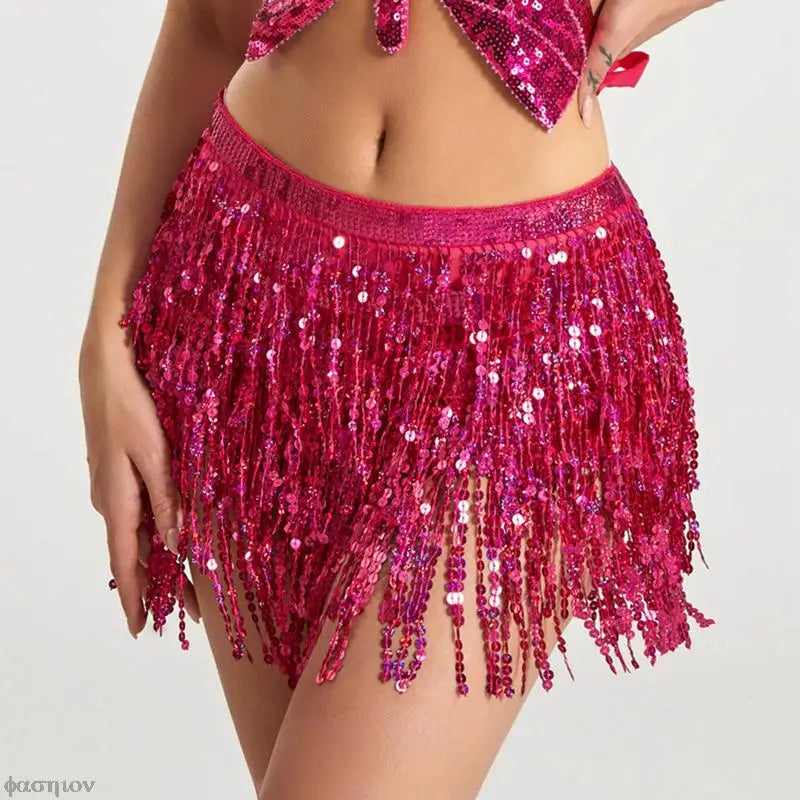 Jupe tutu sexy pour femme, danse du ventre, ceinture portefeuille, paillettes, pompon, écharpe, robe d'été, costume, jupe à franges