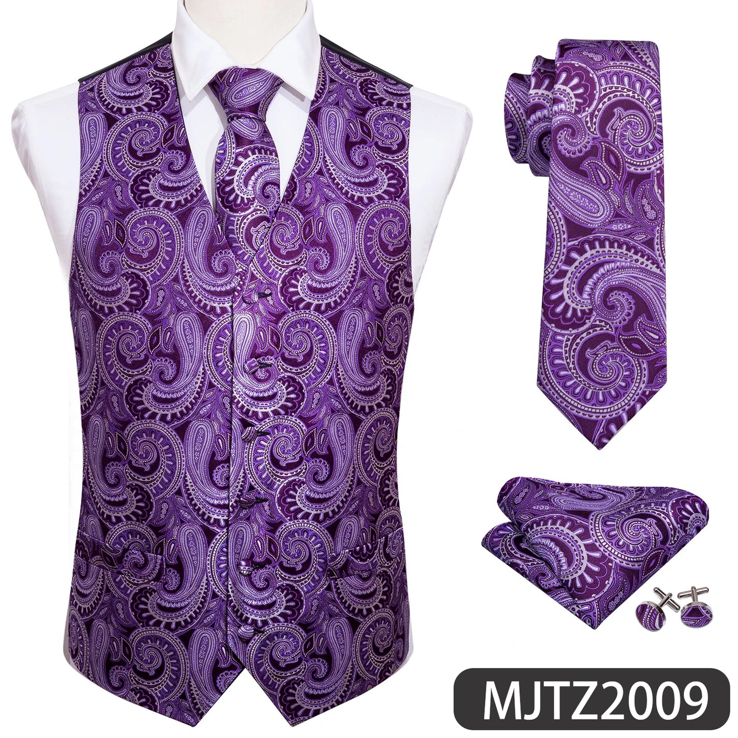 Lilac Purple Violet Lavender Silk Men Vest Tie Hanky Cufflinks Set Woven Waistcoat Sleeveless Jacket Wedding Business Barry.Wang