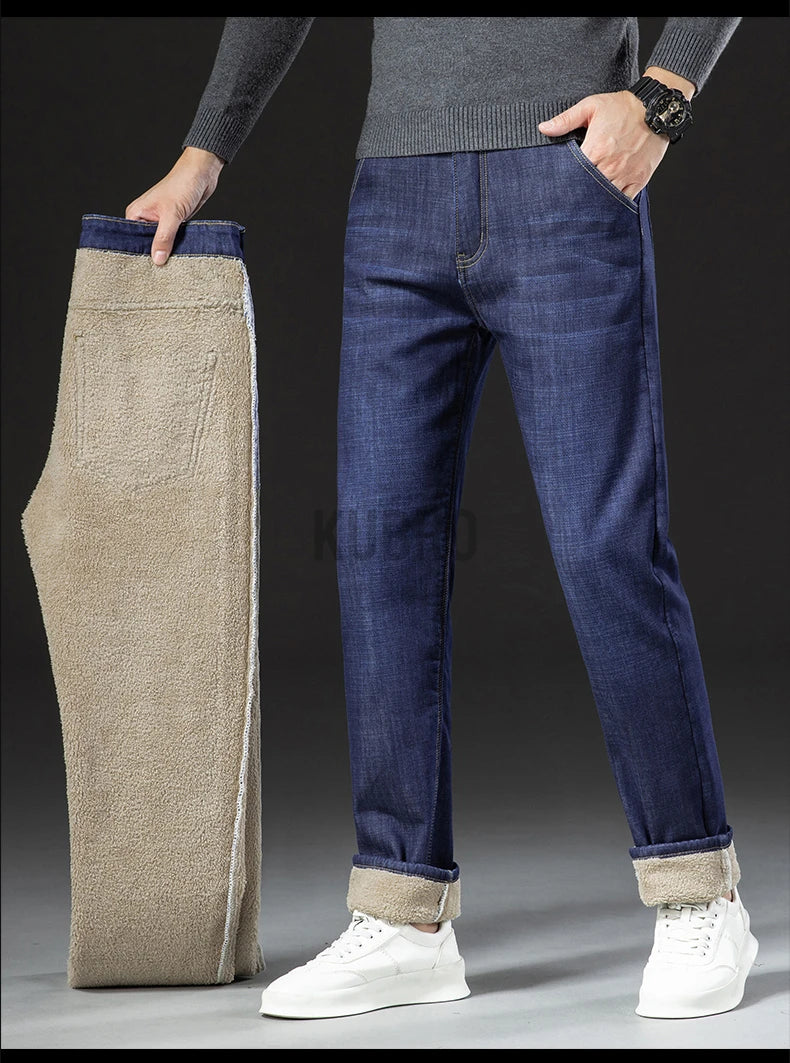 Pantalon droit en jean d'hiver en peluche d'agneau pour hommes, épais, grande taille 40, taille haute, extensible, doublé polaire, chaud, slim, Vaqueros