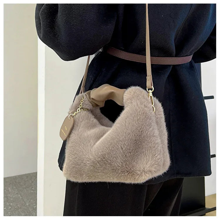 New Fashion Women Lady Shoulder Underarm Bag Solid Color Soft Plush Handbag Fluffy Totes Purse Autumn Winter Shopping Bag