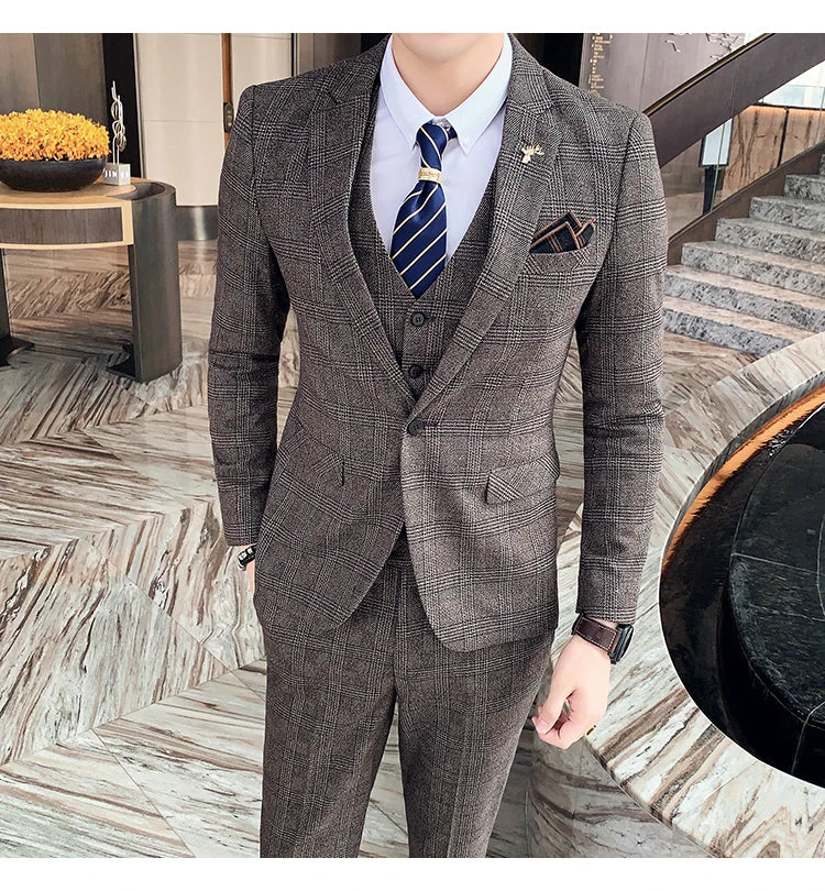 High Quality British Korean Modified Plaid Men (suit + Vest + Trousers) Stylish and Handsome Business Casual Three-piece Suit