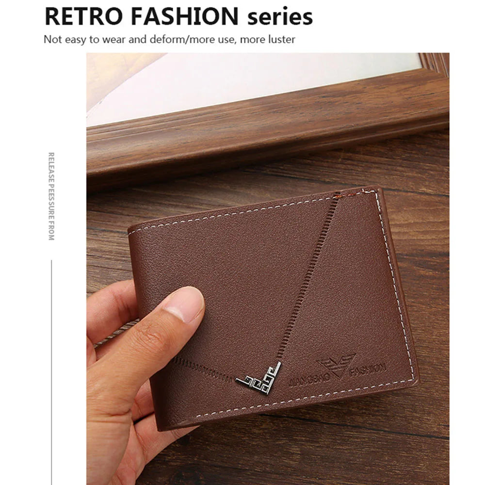 Lychee Texture PU Leather Men's Wallet Short Cash Purse Multi Card Slot Patchwork Card Holder Photo Holder Horizontal Money Clip