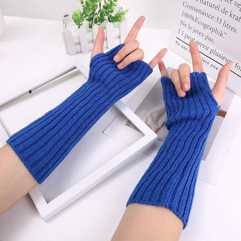 Women Knitted Arm Warmer Long Fingerless Gloves Mitten Winter Y2K Solid Arm Sleeve Fashion Casual Soft Girls Clothes Punk Gloves