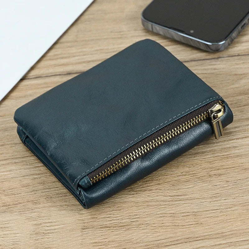 Leather Men‘s Short Wallet Hasp Genuine Leather Unisex Zipper Coin Clutch Purse Cowhide Card Holder Trifold Man wallets