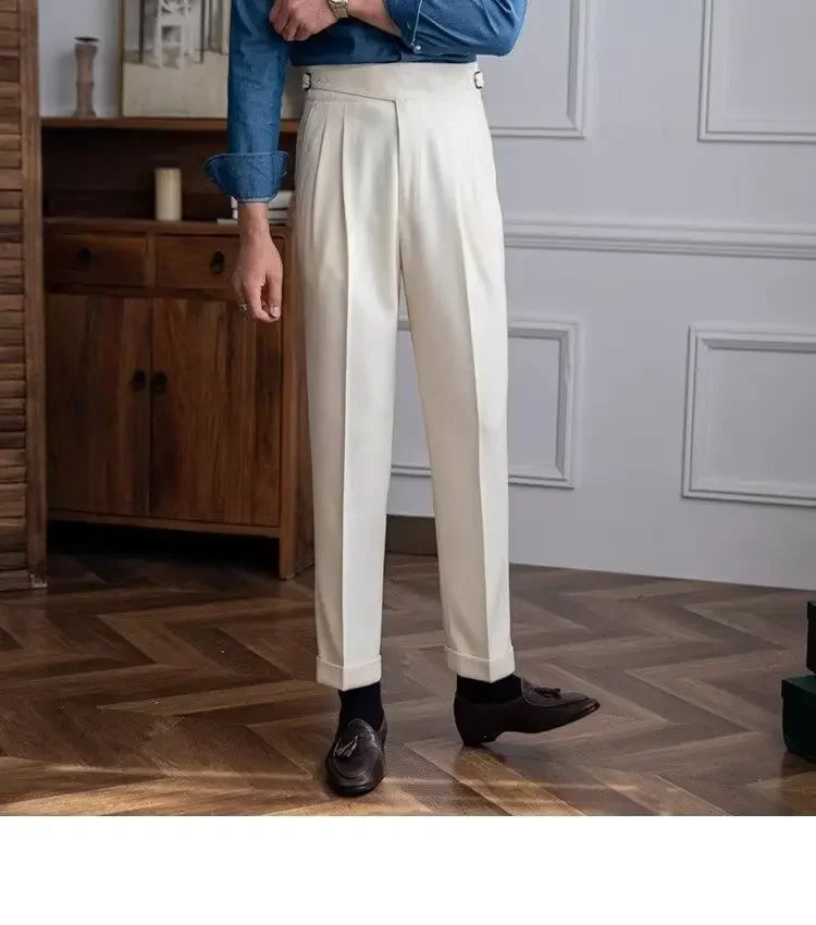 Spring Autumn White Men's Trousers Business Casual Cropped Pants Paris Button Trendy Italian Style