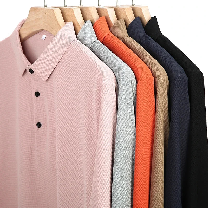 Men's Fashion Waffle Solid Long Sleeved Polo Shirt Summer Breathable Comfortable Top