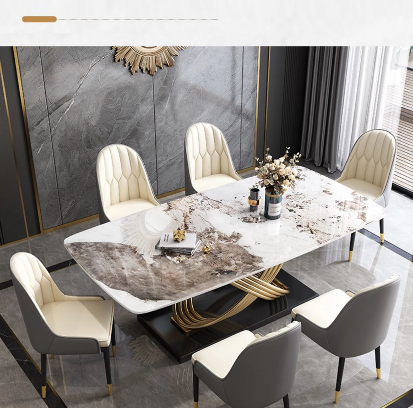 Luxury Unique Design Stainless Steel Dining Tables and Chairs Marble Rectangular Modern Dining Table Set