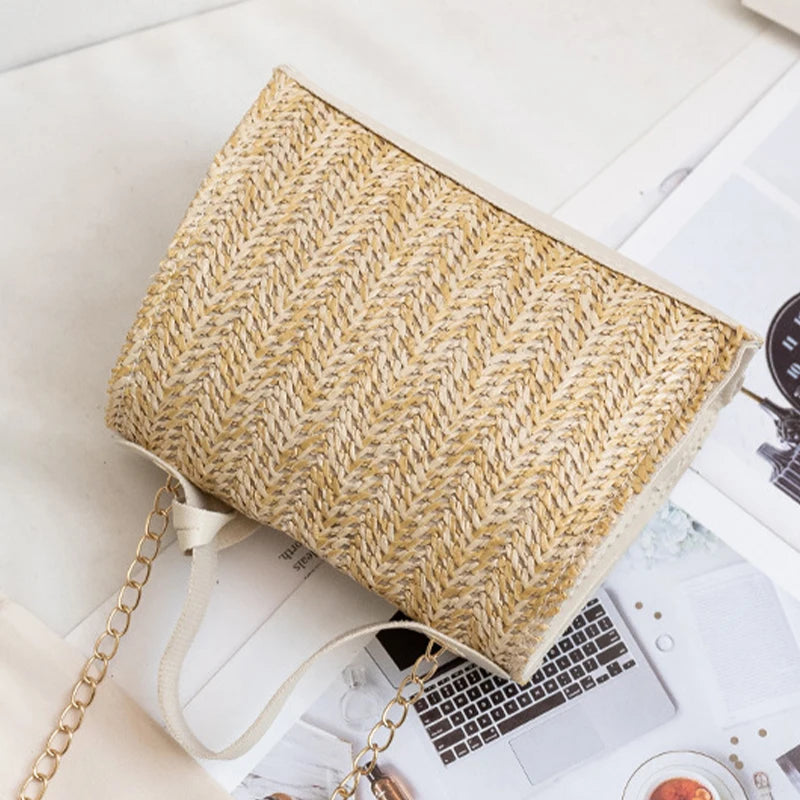 New Straw Woven Shoulder Crossbody Bag Beach Clutch Handbag Casual Summer Handmade Chain Bags for Women Totes Purse