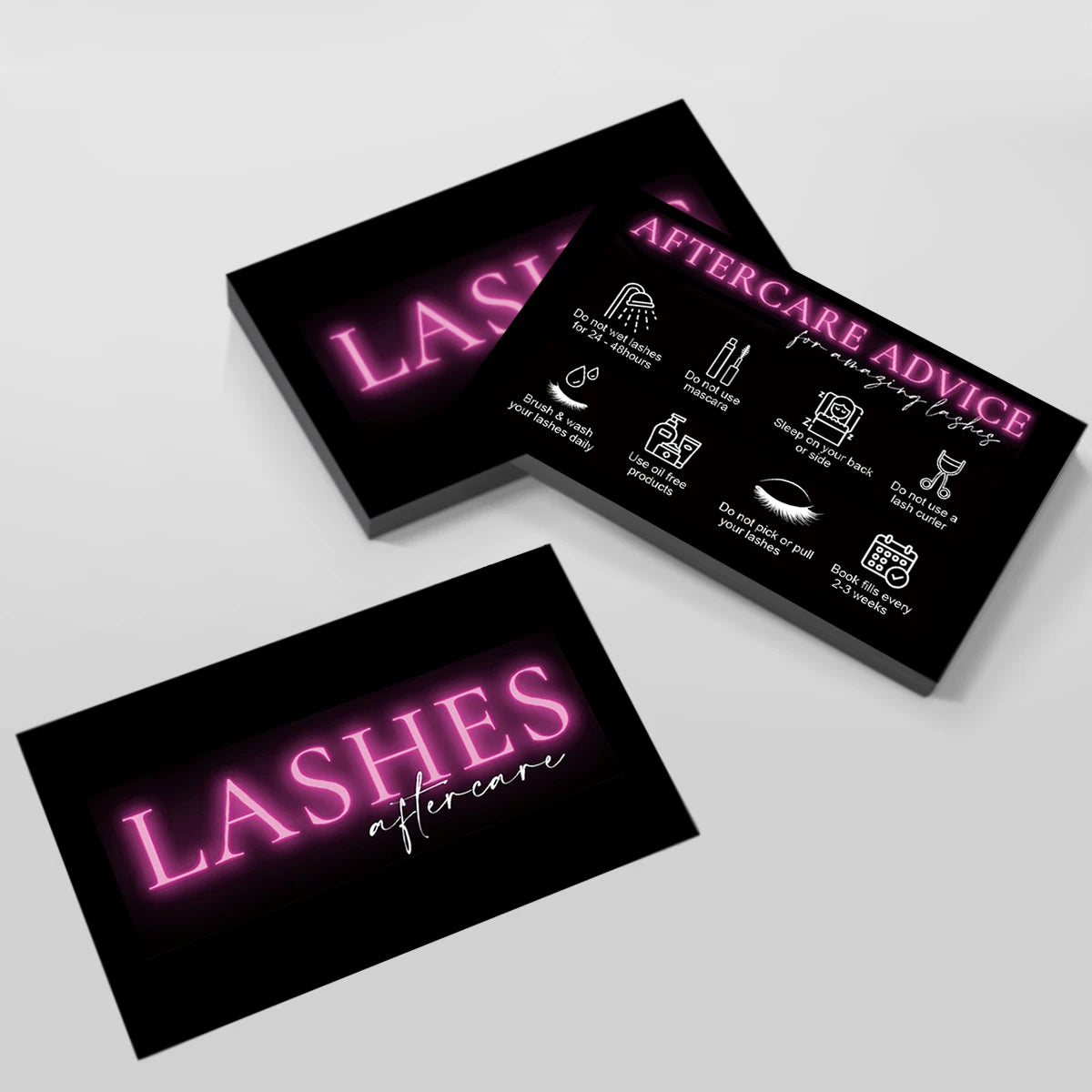 Lot de 50 cartes de soins pour cils noirs, cartes de fidélité pour adhésion au salon de beauté, carte après-vente pour extensions de cils, carte de visite en papier