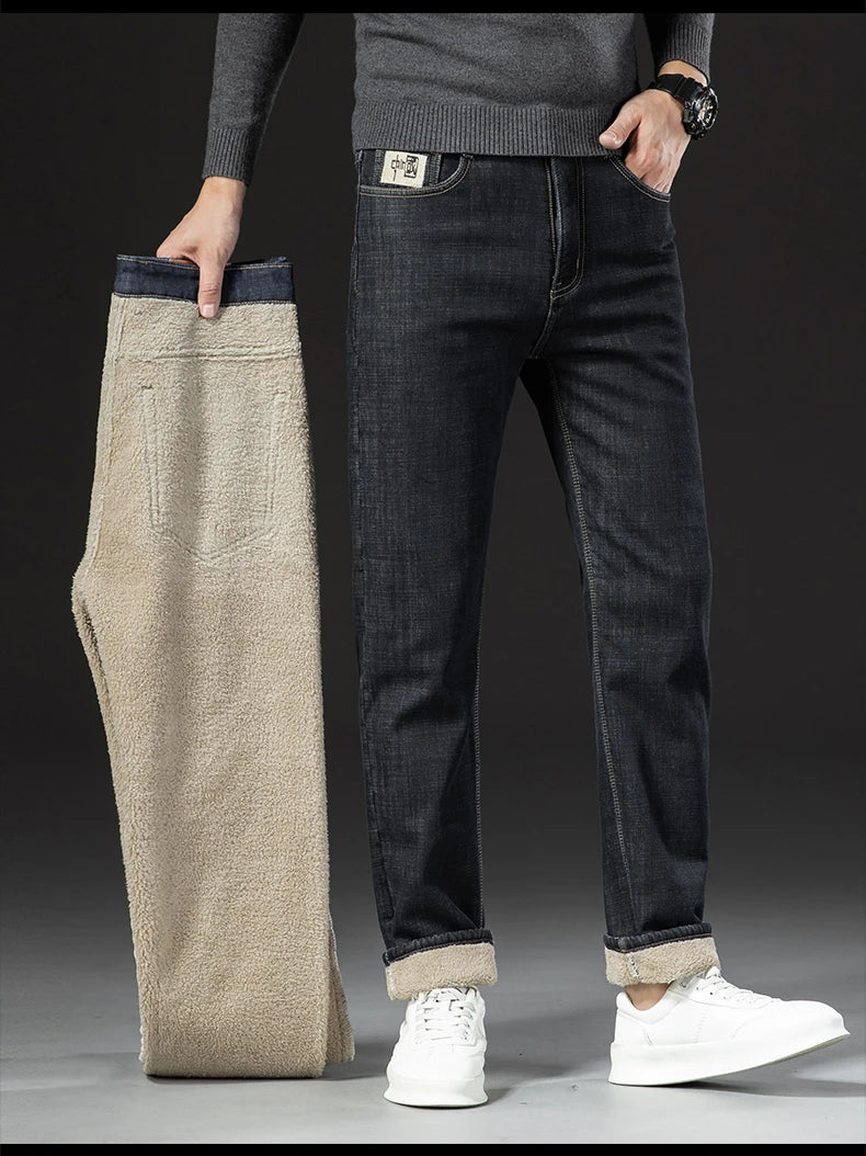 Pantalon droit en jean d'hiver en peluche d'agneau pour hommes, épais, grande taille 40, taille haute, extensible, doublé polaire, chaud, slim, Vaqueros