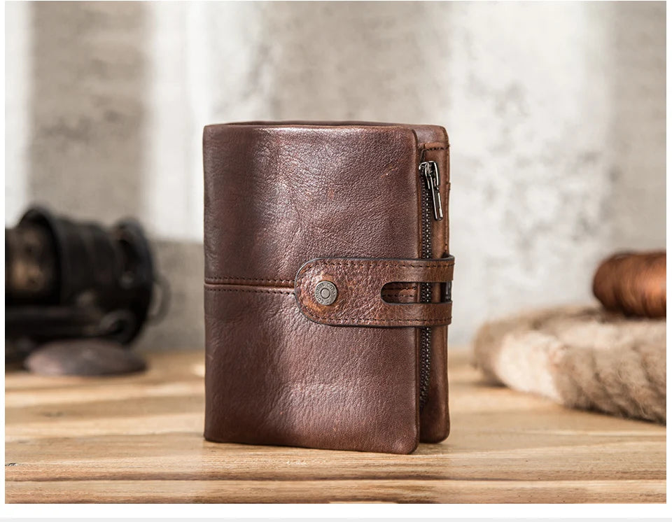 CONTACT'S Casual Men Wallets Crazy Horse Leather Short Coin Purse Hasp Design Wallet Cow Leather Clutch Wallets Male Carteiras