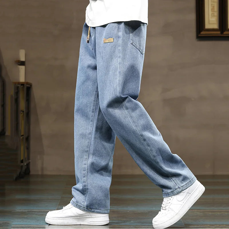 Men Straight Leg Blue Gray Loose Y2K Drawstring Jeans Streetwear Casual Wide Denim Pants Male Baggy Stylish Harajuku Trousers