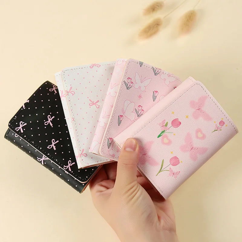 Cute Flower Bow Wallet Women Sweet Pink Three Fold Purse Card Holder for Girl Portable Travel Cash Coin Pouch Photo Card Bag