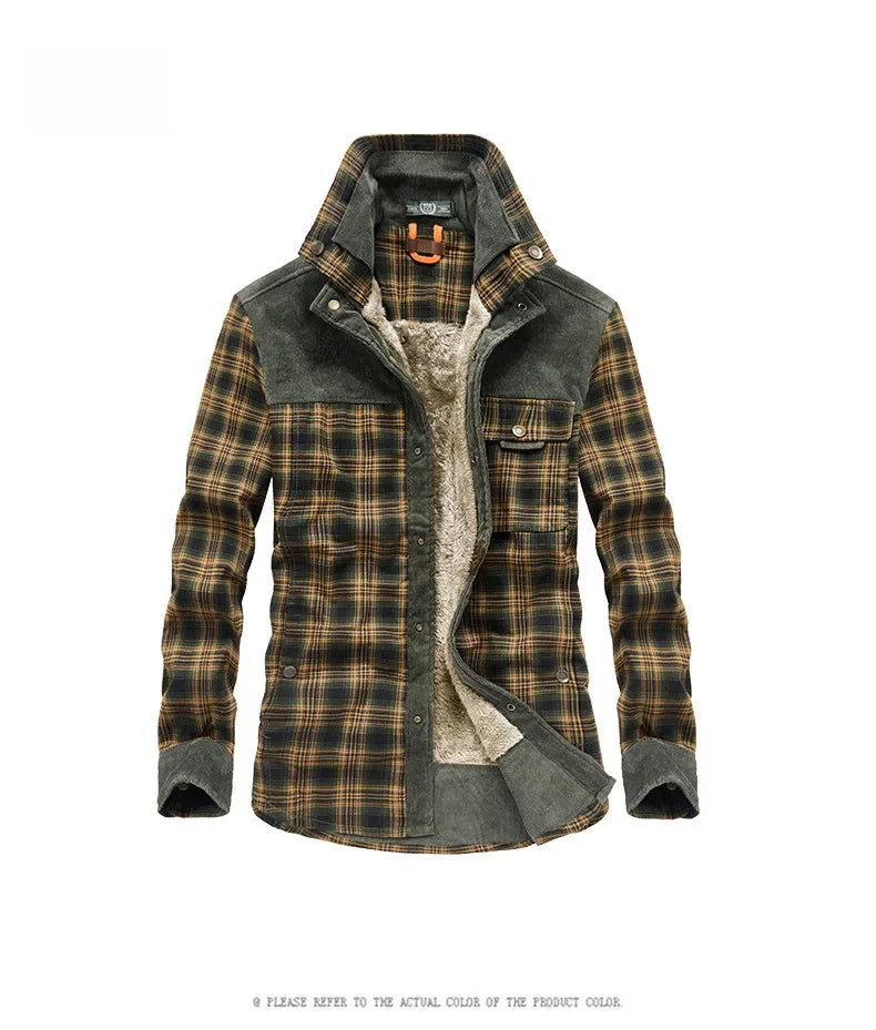 Men's Fleece-lined Thickened Plaid Long Sleeve Shirt Warm Business Casual Fashion Cotton Shirt Jacket