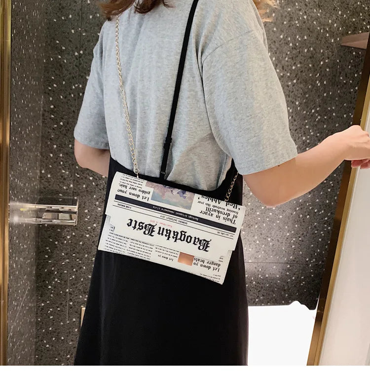 Fashion Women Newspaper Letter Printing PU Leather Shoulder Underarm Bag Casual Ladies Small Purse Buckle Handbag Messenger Bags