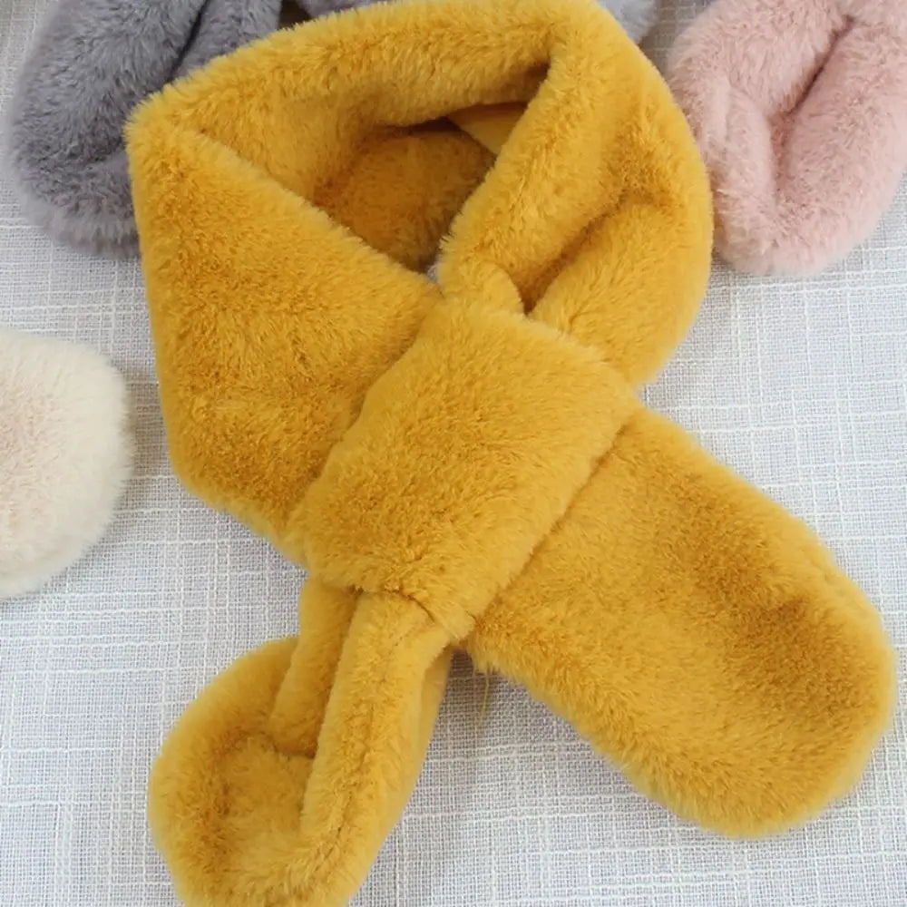 Children Boys Girls Winter Warm Thicken Cross Collar Scarf  Solid Color Faux Rabbit Fur Plush Cute Shawl Scarfs