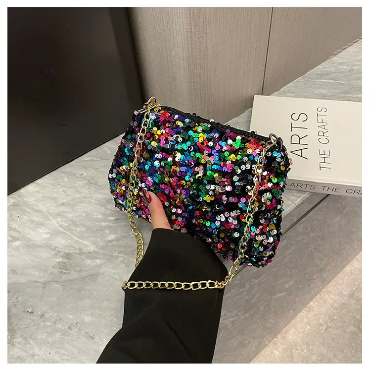 Sequins Crossbody Chain Bag Simple INS Solid Color Sequins Shoulder Bag Underarm Bag Phone Purse Evening Clutch Bags Handbag