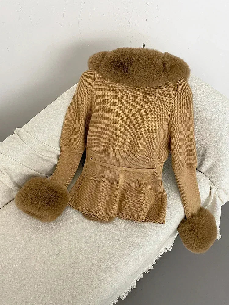 Autumn/Winter 2024 Women's Fur Coat Luxury Patchwork Knitted Sweater Bandage Fur Cardigan Detachable Collar Jacket Faux Fur Coat