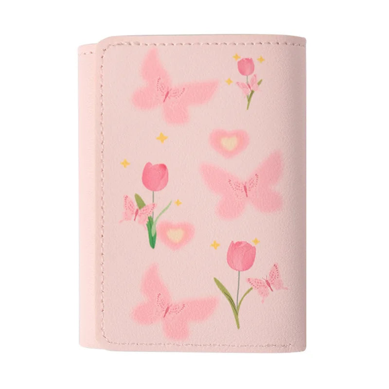 Cute Flower Bow Wallet Women Sweet Pink Three Fold Purse Card Holder for Girl Portable Travel Cash Coin Pouch Photo Card Bag