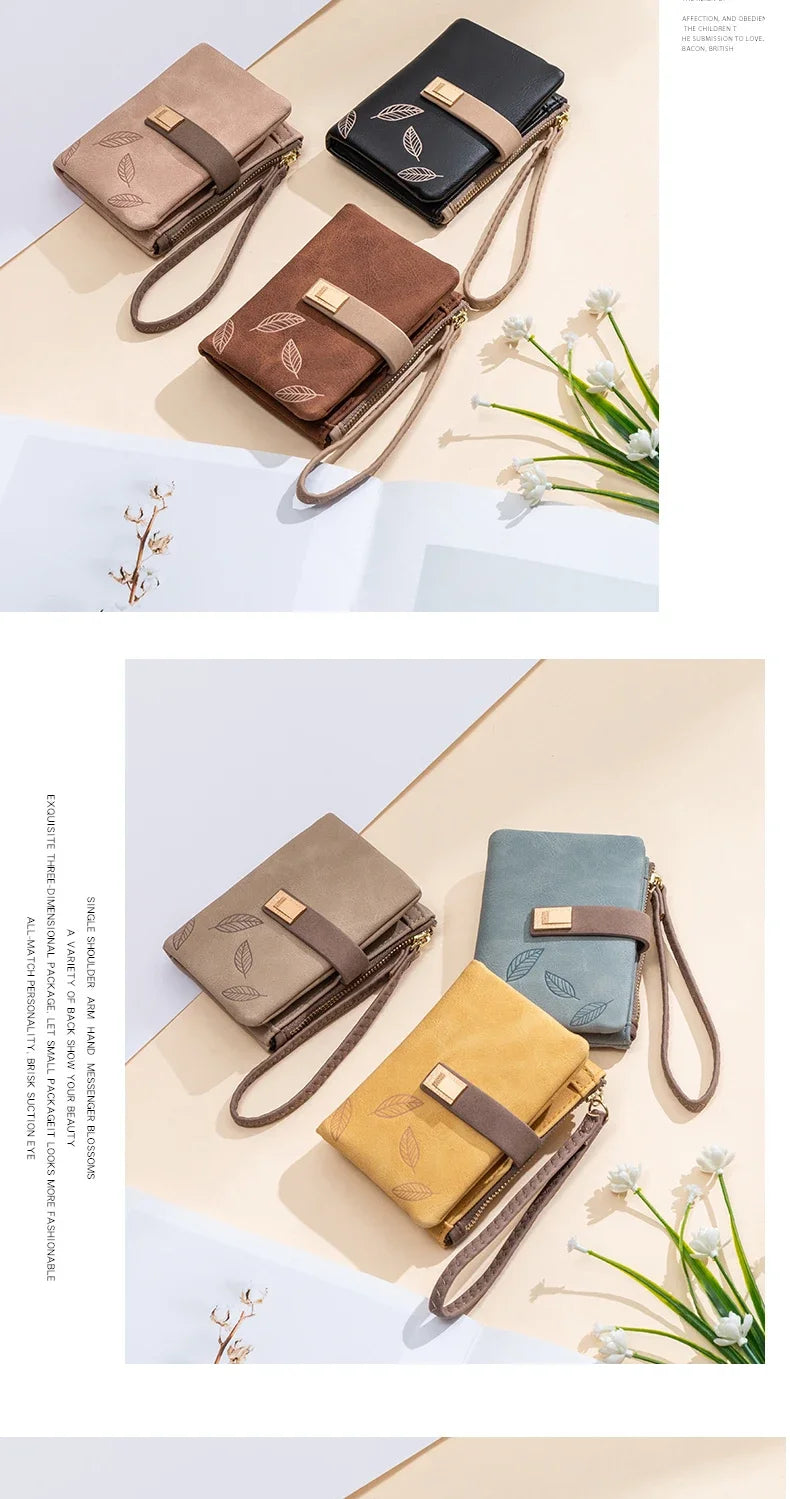 Fashion Female Wallet Short Leaf Print Purse Women Small Nubuck Leather Purse with Wrist Strap