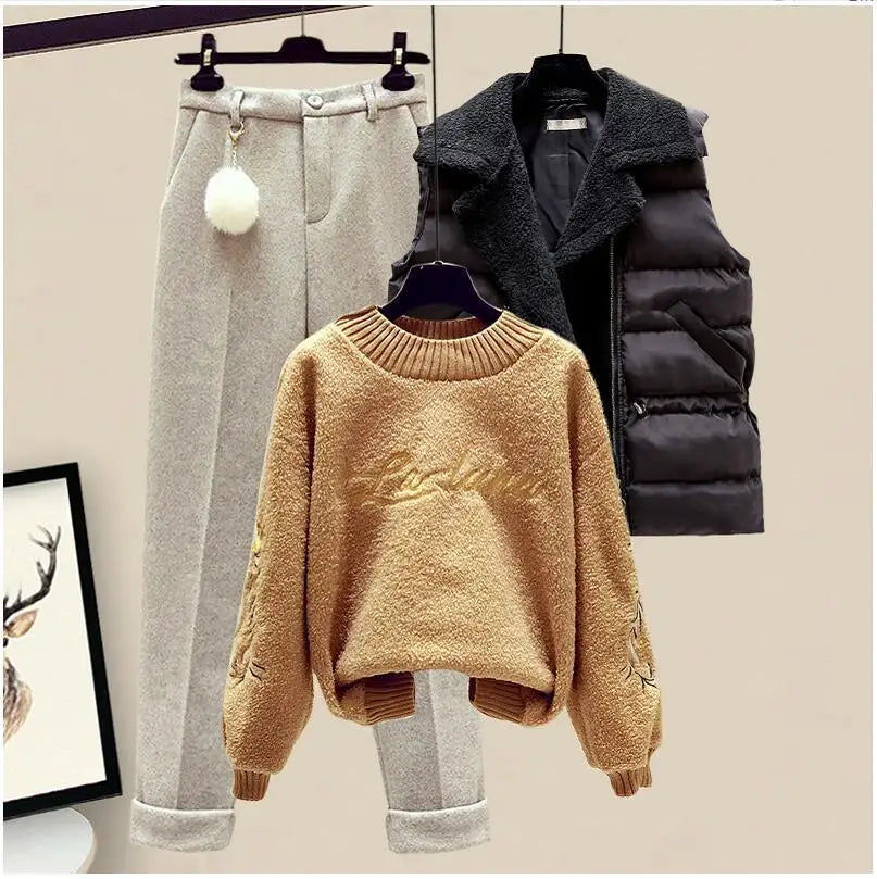 Thickened Cotton Jacket Vest Knitted Long Sleeved Sweater Pullover Woolen Pants Three Piece Elegant Women's Pants Set