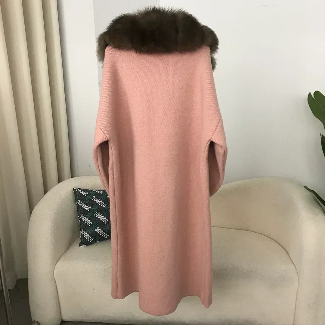 2024 Natural Fox Fur Collar Jacket Spring Autumn Real  Sweater Fur Coat Women Belt Long Loose Thick Warm Outerwear Knitting Coat