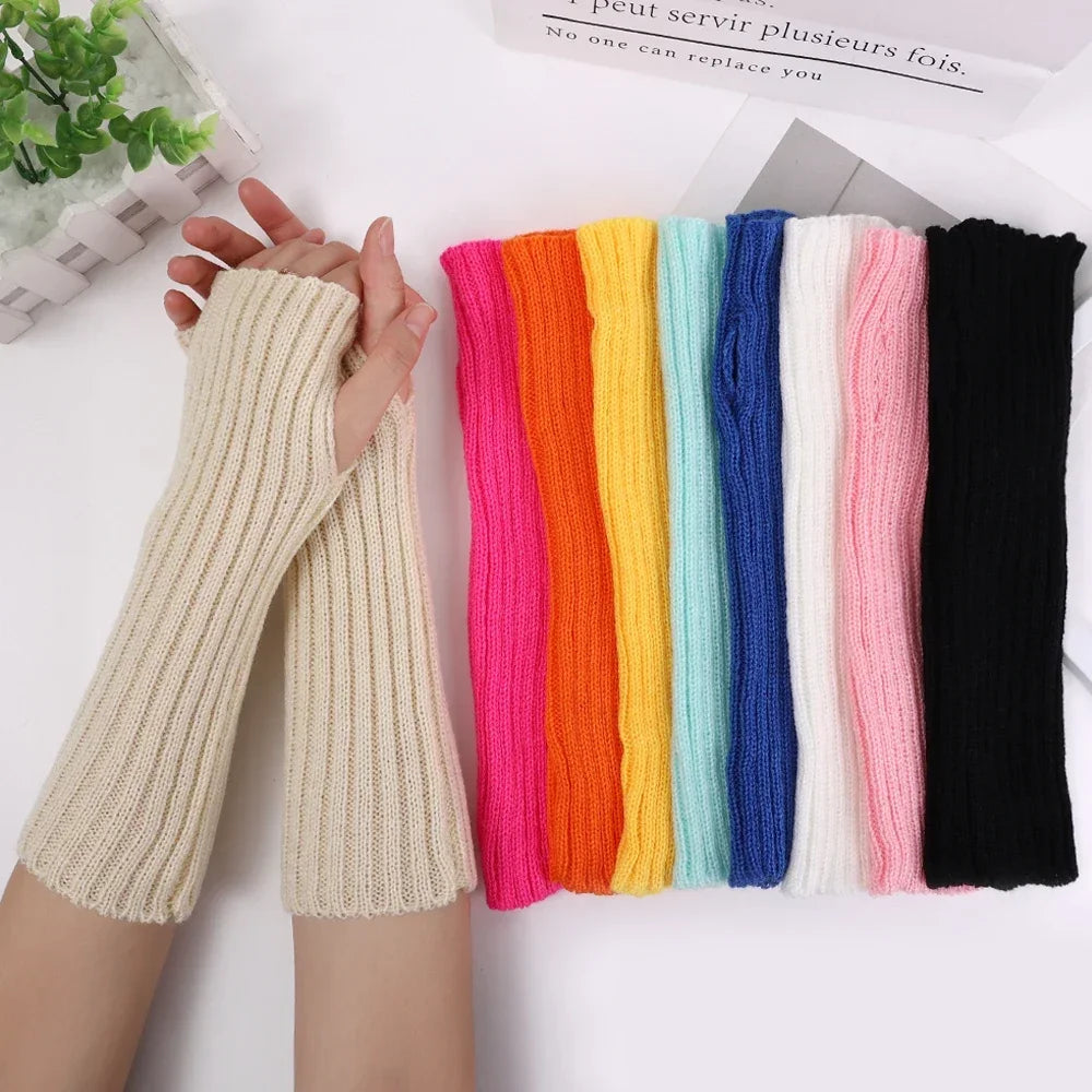 Women Knitted Arm Warmer Long Fingerless Gloves Mitten Winter Y2K Solid Arm Sleeve Fashion Casual Soft Girls Clothes Punk Gloves