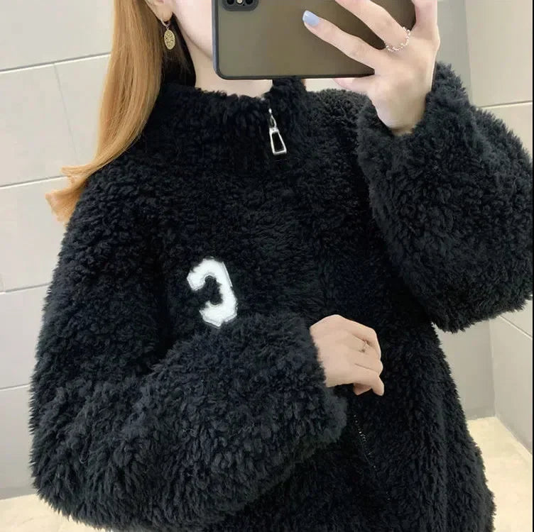 Trendy Winter Fleece-lined Thickened Double-sided Fleece Jacket For Women Warm Sweatshirt Cardigan Zip-up Down Coat