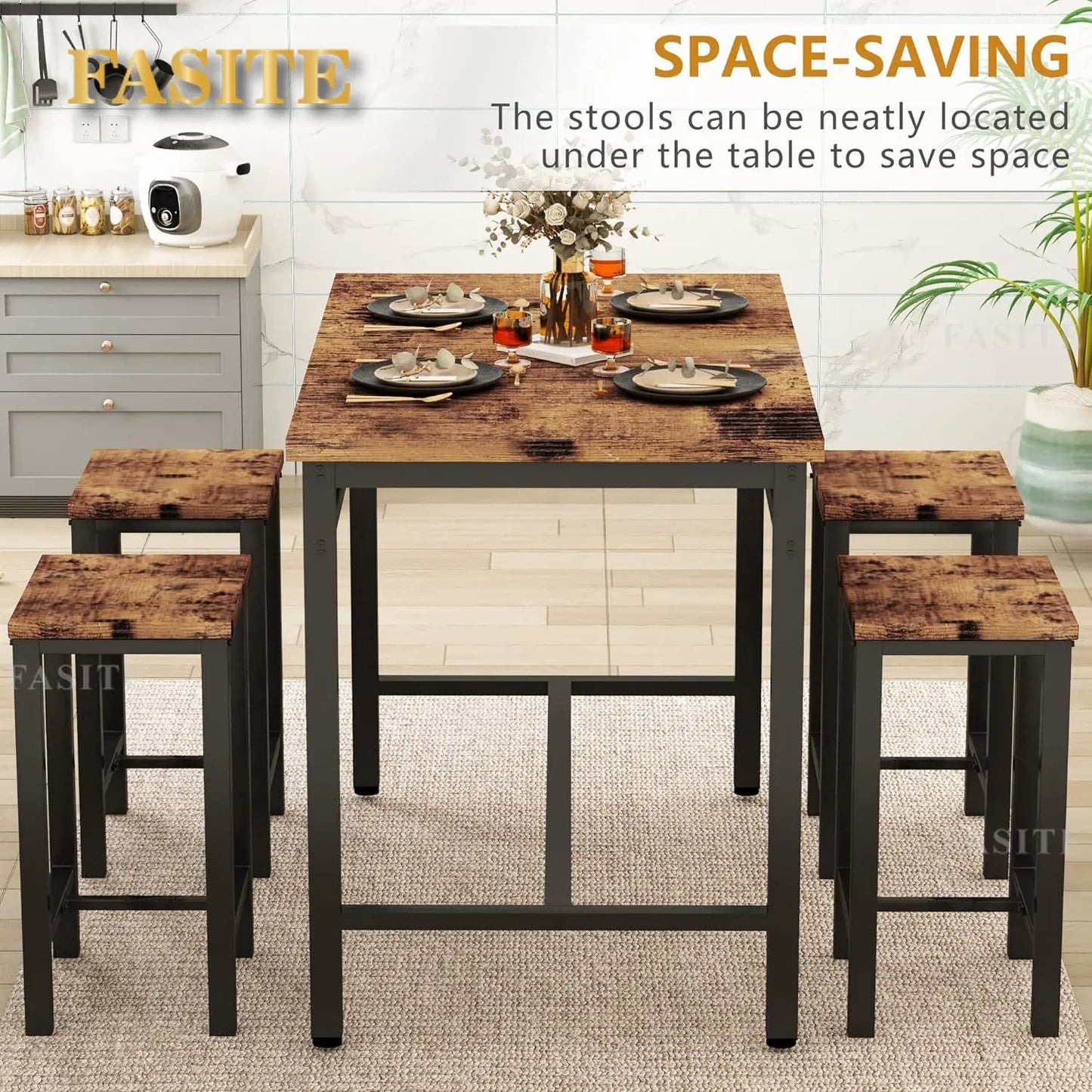 White Faux Marble Dining Table with 4 Upholstered Chairs, 5-Piece Dining Room Table Set for Small Space, Breakfast Table