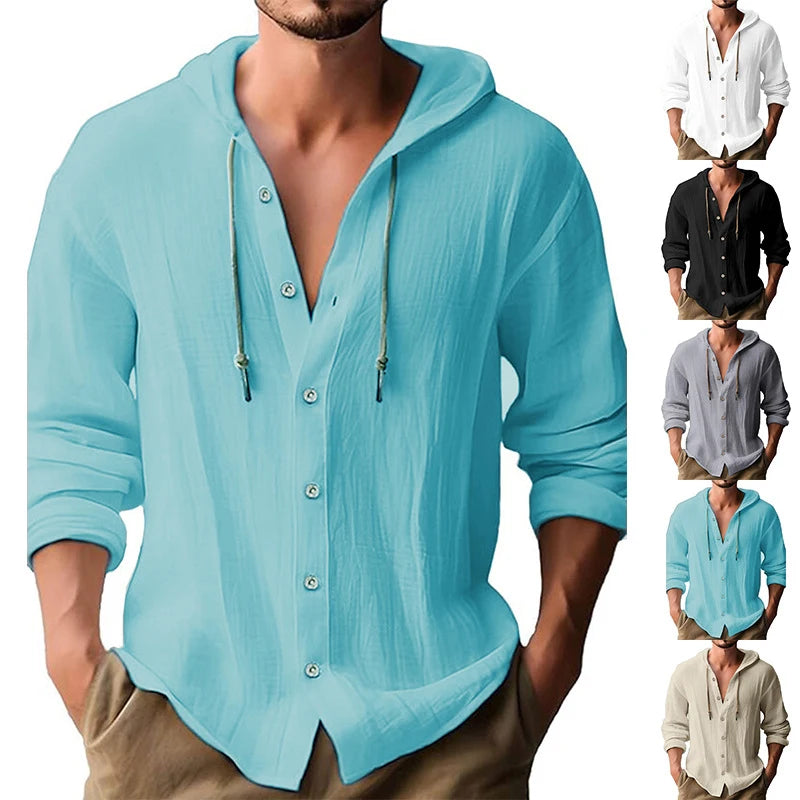 Chemise en lin d'été pour hommes, streetwear solide, manches longues, sweat à capuche, cardigan, vêtements pour hommes, hauts à boutons, chemise à capuche décontractée et ample pour hommes