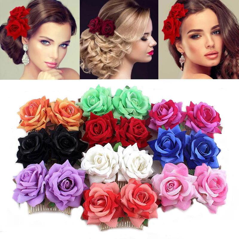 Flamenco Flowers For Hair DIY Headdress For Bridal Flocking Cloth Red Rose Flower Hairpin Hair Clip Party Hair Accessories