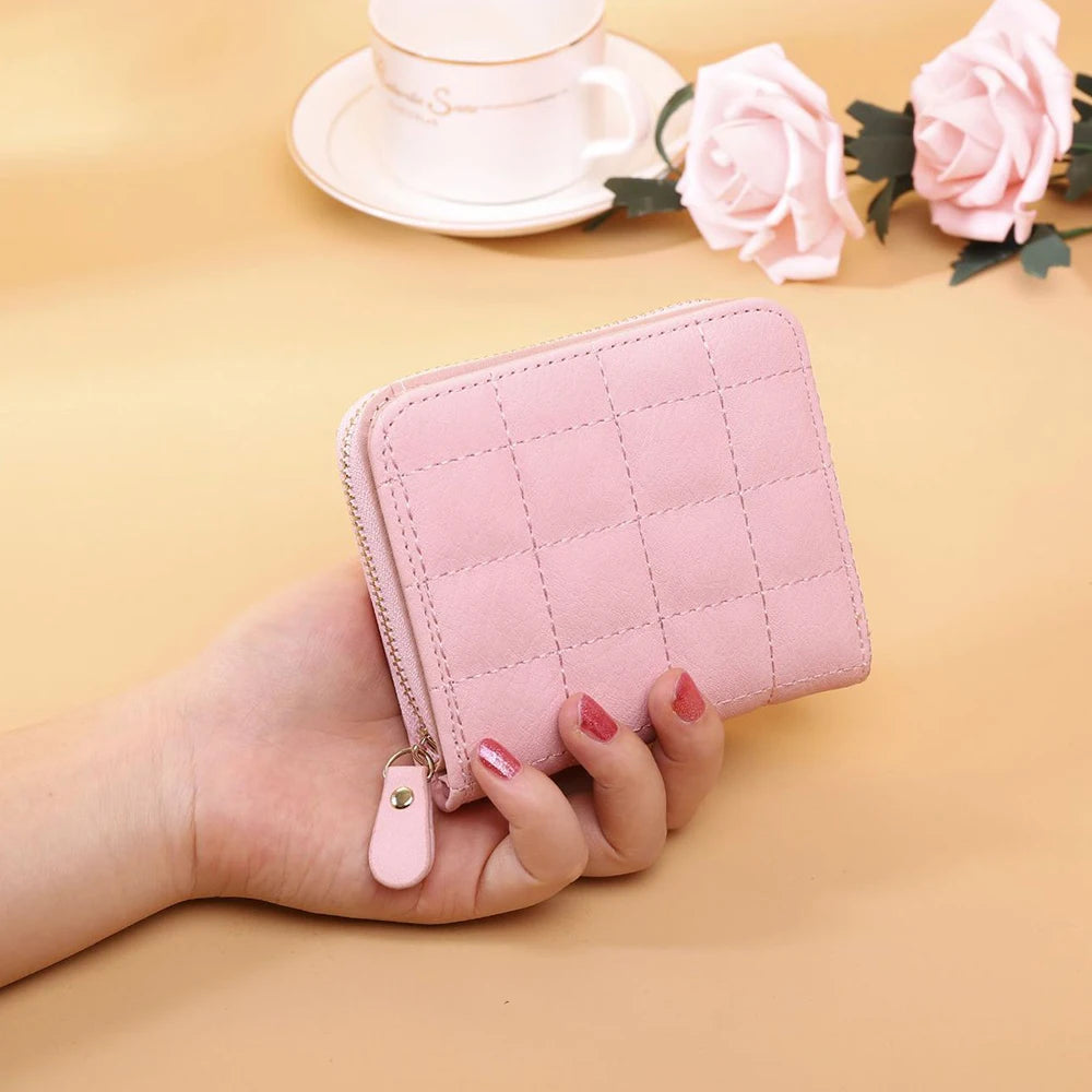 Leisure Flodable Short Wallets Coin Card Holder Women‘s PU Leather Plaid Zipper Coin Money Purses ID Credit Card Holder Wallet