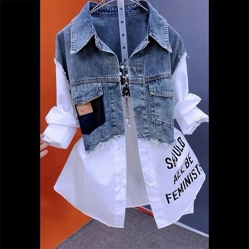 Nouvelle veste en jean épissé pour femmes printemps automne mode coréenne chemise en jean hauts vestes en jean décontractées coupe-vent pour femmes