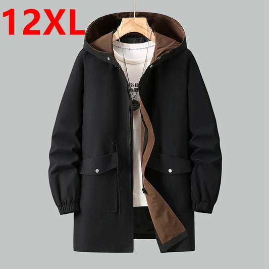 Large size medium long windbreaker men's plus size spring  autumn hooded jacket casual assault jacket 180kg 12xl 10XL