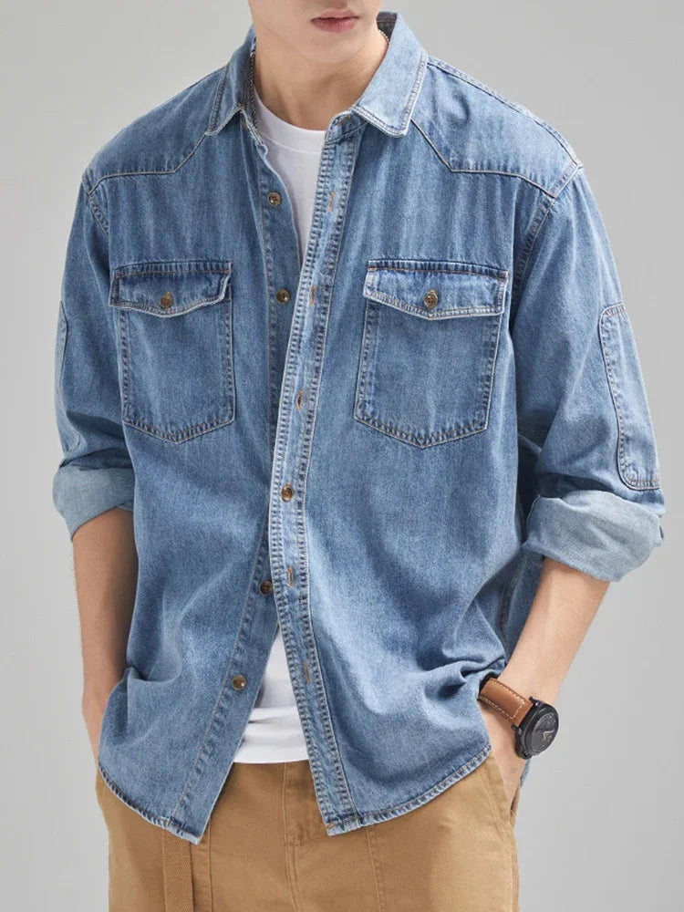 Men's Denim Cotton Shirt, Long Sleeve Black Blue Drop Shoulder Button Pockets, Cowboy Casual Work Jeans Shirt, 2024 New Product