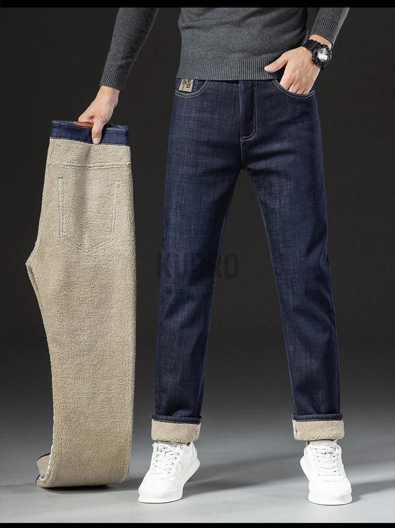 Pantalon droit en jean d'hiver en peluche d'agneau pour hommes, épais, grande taille 40, taille haute, extensible, doublé polaire, chaud, slim, Vaqueros