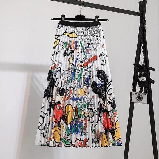 Disney Women Pleated skirt Mickey Mouse New Cartoon Print Long Skirts Women Young Girl street styl Large Size Female Falda Y2K