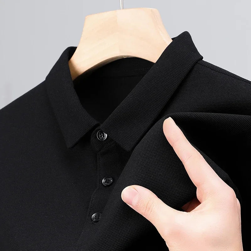 Men's Fashion Waffle Solid Long Sleeved Polo Shirt Summer Breathable Comfortable Top