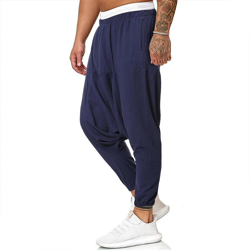 Fashion Cotton Linen Harem Pants Men Solid Elastic Waist Streetwear Joggers Baggy Drop-crotch Pants Casual Trousers Men