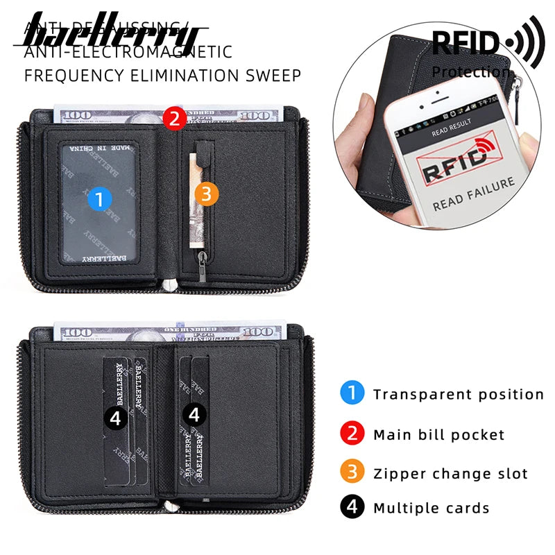 Baellerry RFID Simple Short Men Zipper Wallets Luxury Brand Card Holder Male Wallet Photo Holder Coin Pocket Man Purses