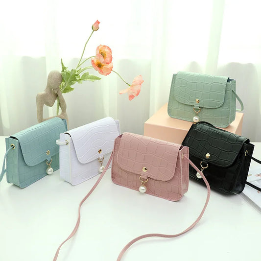 Fashion Simply PU Leather Crossbody Bag for Women Solid Color Shoulder Messenger Bag Lady Pendant Pearl Travel Small Handbag