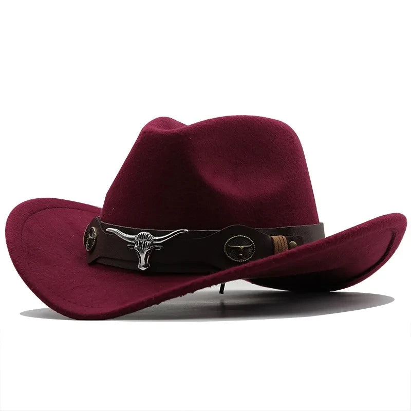 Western Cowboy Hat Roll Brim Cowgirl Cap Cowboy Jazz Fedora Hats Felt Cap with Cow Band for Women Men Children