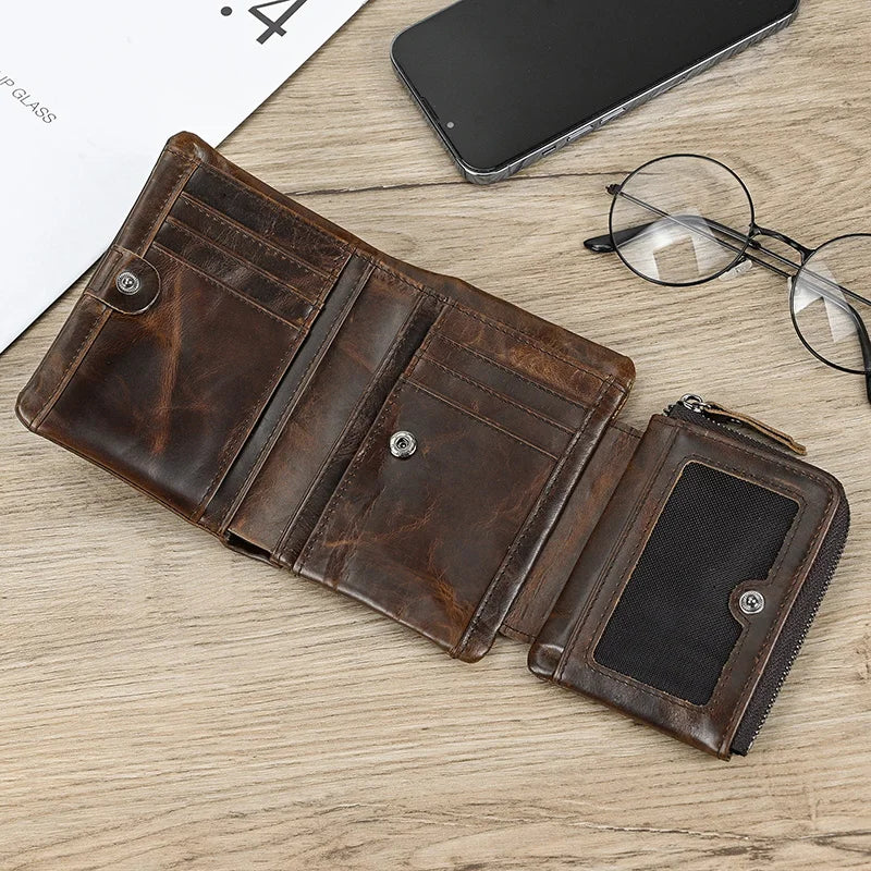 Leather Men‘s Short Wallet Hasp Genuine Leather Unisex Zipper Coin Clutch Purse Cowhide Card Holder Trifold Man wallets