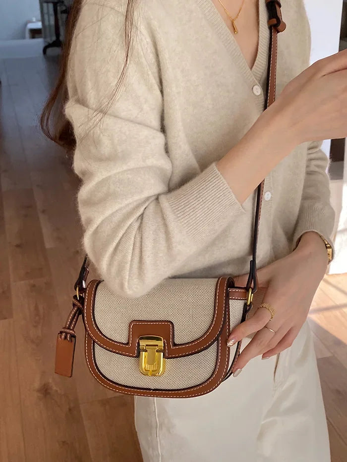 2024 New Small Style Contrast Panel Canvas Retro One Shoulder Crossbody Saddle Bag Handbags