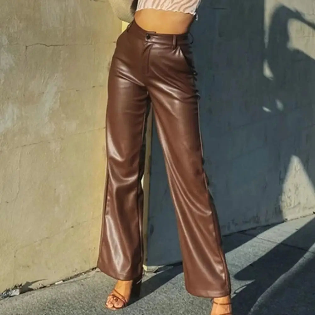 Summer Women Pants Retro Solid Color High Waist Straight Wide Leg Side Pockets Long Pants Slim Fit  Faux Leather Lady Trousers