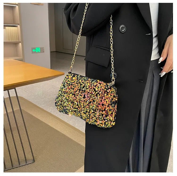 Sequins Crossbody Chain Bag Simple INS Solid Color Sequins Shoulder Bag Underarm Bag Phone Purse Evening Clutch Bags Handbag