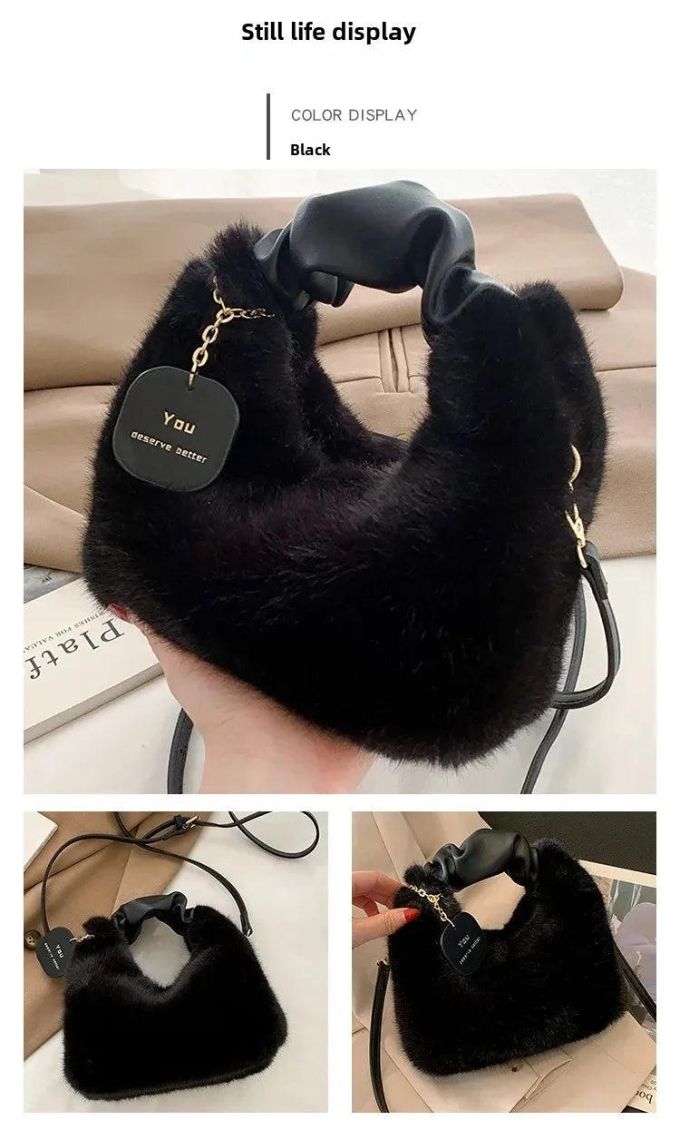 New Fashion Women Lady Shoulder Underarm Bag Solid Color Soft Plush Handbag Fluffy Totes Purse Autumn Winter Shopping Bag