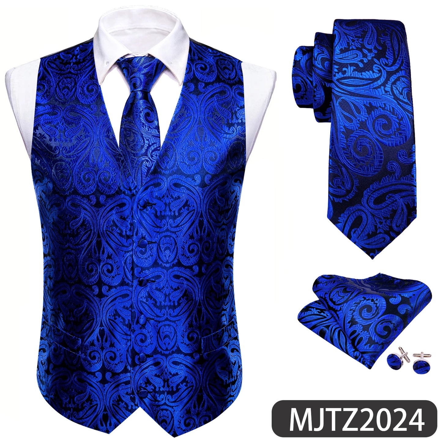 Sky Navy Royal Teal Blue Silk Men Vest Tie Hanky Cufflink Set Woven Waistcoat Sleeveless Jacket Male Wedding Business Barry.Wang